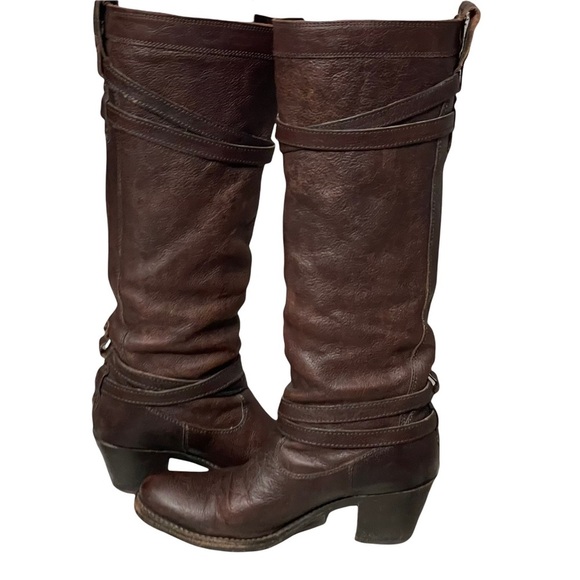 Frye Jane Strappy Dark Brown Knee High Heeled Boots Size 6.5 - Picture 11 of 16